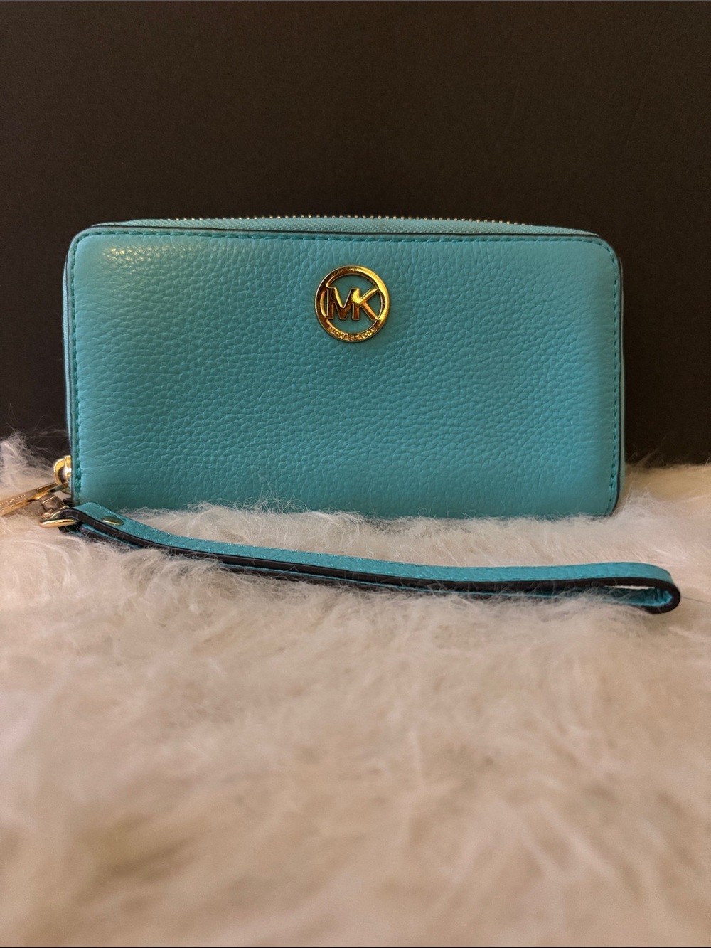Michael Kors Aqua Pebble Leather Zip Wristlet Wallet with Gold MK Emblem